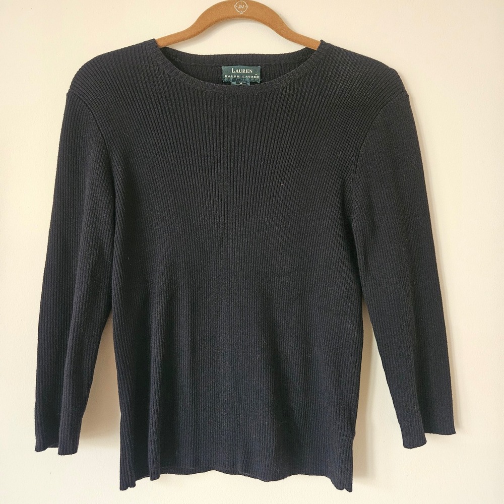 Lauren Ralph Lauren Ribbed Sweater Womens Medium‎ Black Merino Wool Cotton 90s - Picture 9 of 9